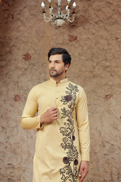 Rangrez Bhumi Phool khaki 3D floral kurta set | Bhavya Bhasin Couture