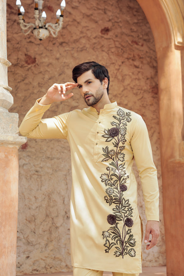 British Khaki Kurta with 3D Floral Embroidery