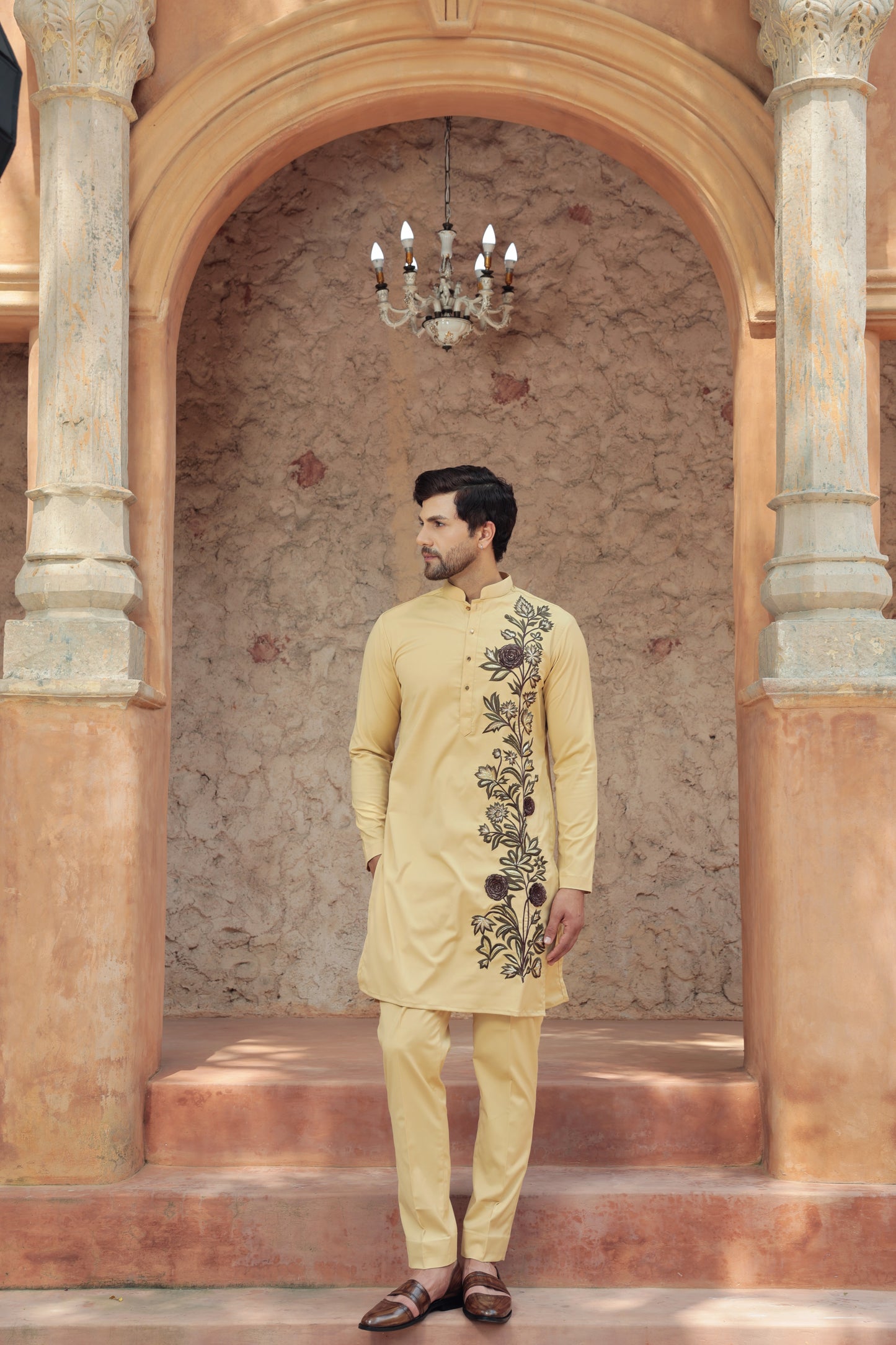 Rangrez "Bhumi Phool" British Khaki 3D Floral Kurta Set