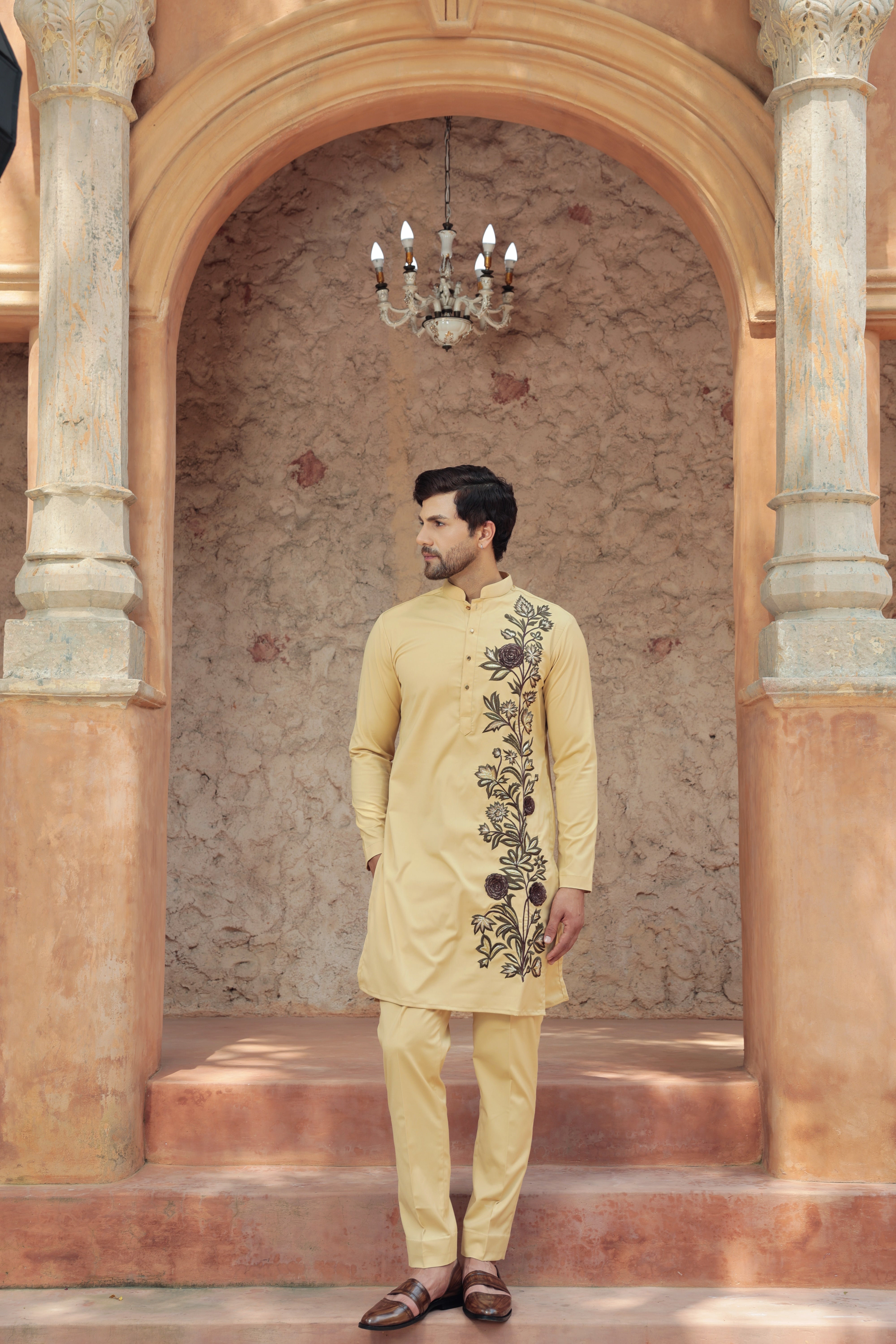 British Khaki Kurta with 3D Floral Embroidery