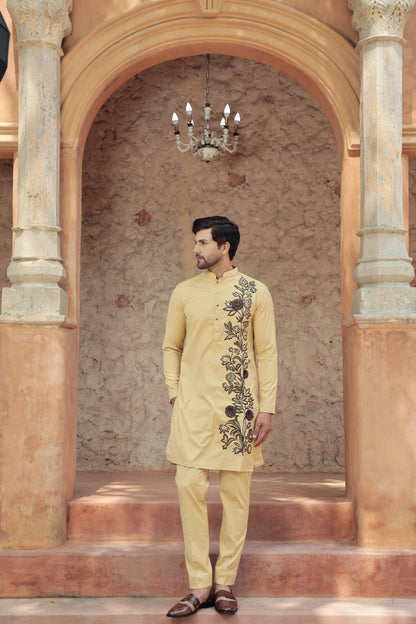 Rangrez "Bhumi Phool" British Khaki 3D Floral Kurta Set