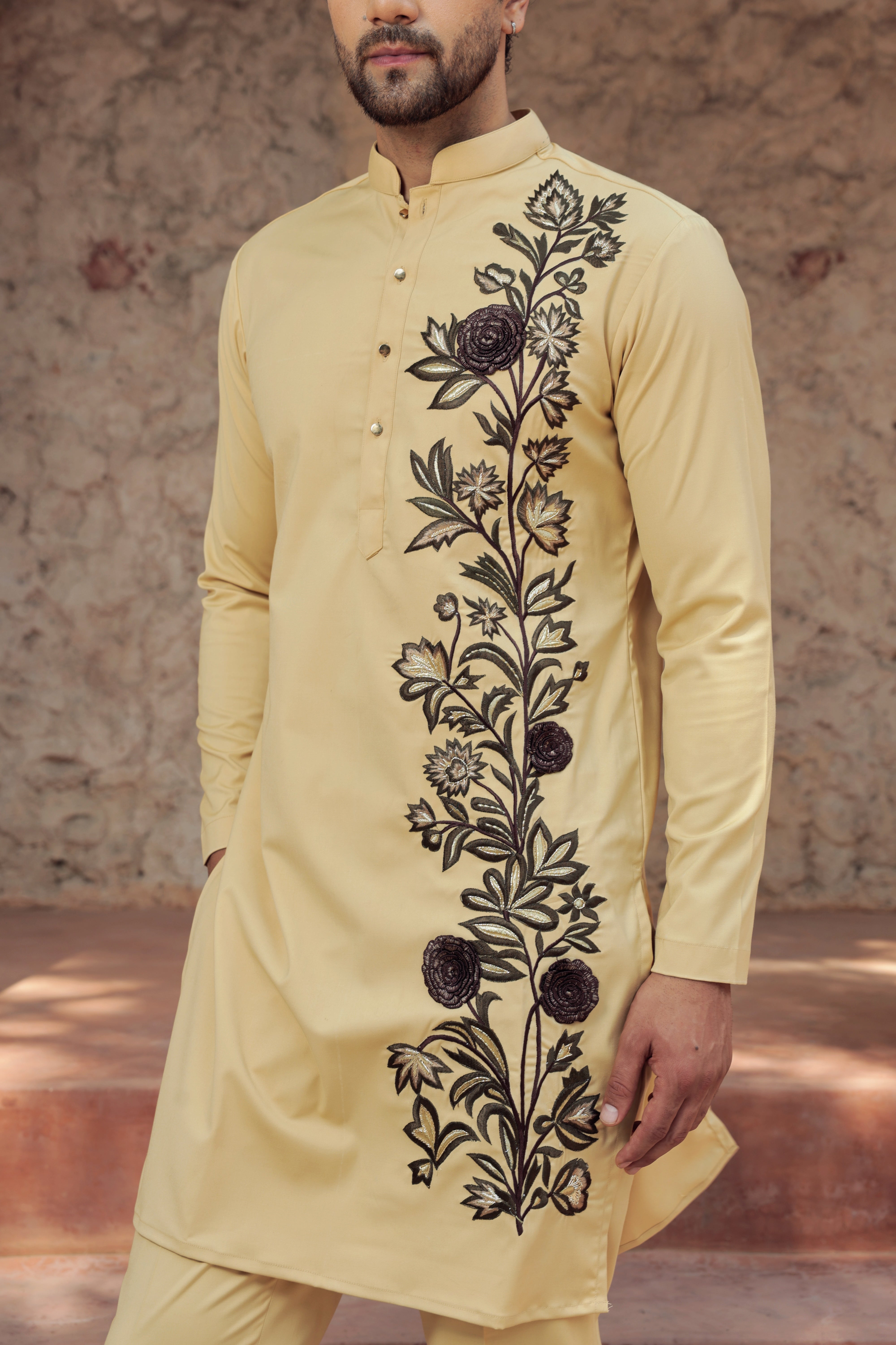 British Khaki Kurta with 3D Floral Embroidery