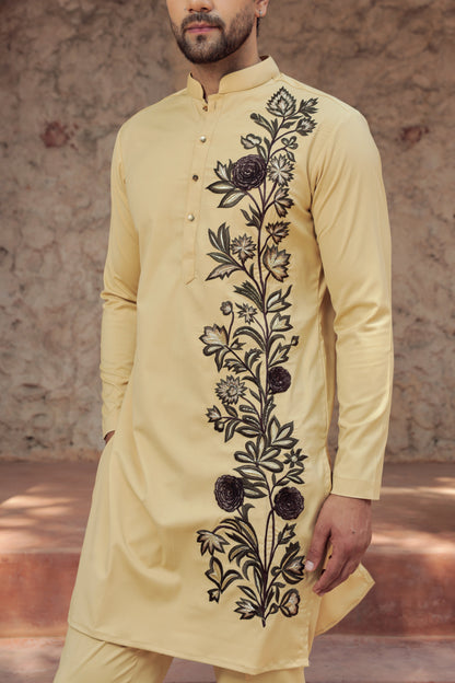 Rangrez "Bhumi Phool" British Khaki 3D Floral Kurta Set
