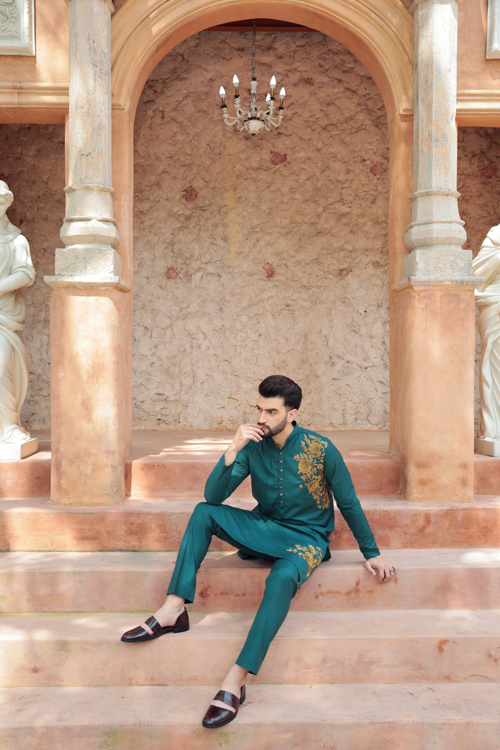 Rangrez Van Suvarna forest green antique gold 3D kurta | Bhavya Bhasin Couture