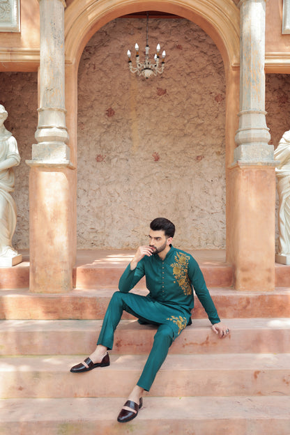 Rangrez Van Suvarna forest green antique gold 3D kurta | Bhavya Bhasin Couture