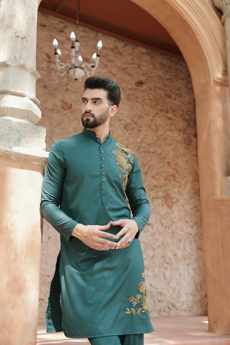 Forest Green Kurta with Antique Gold 3D Embroidery