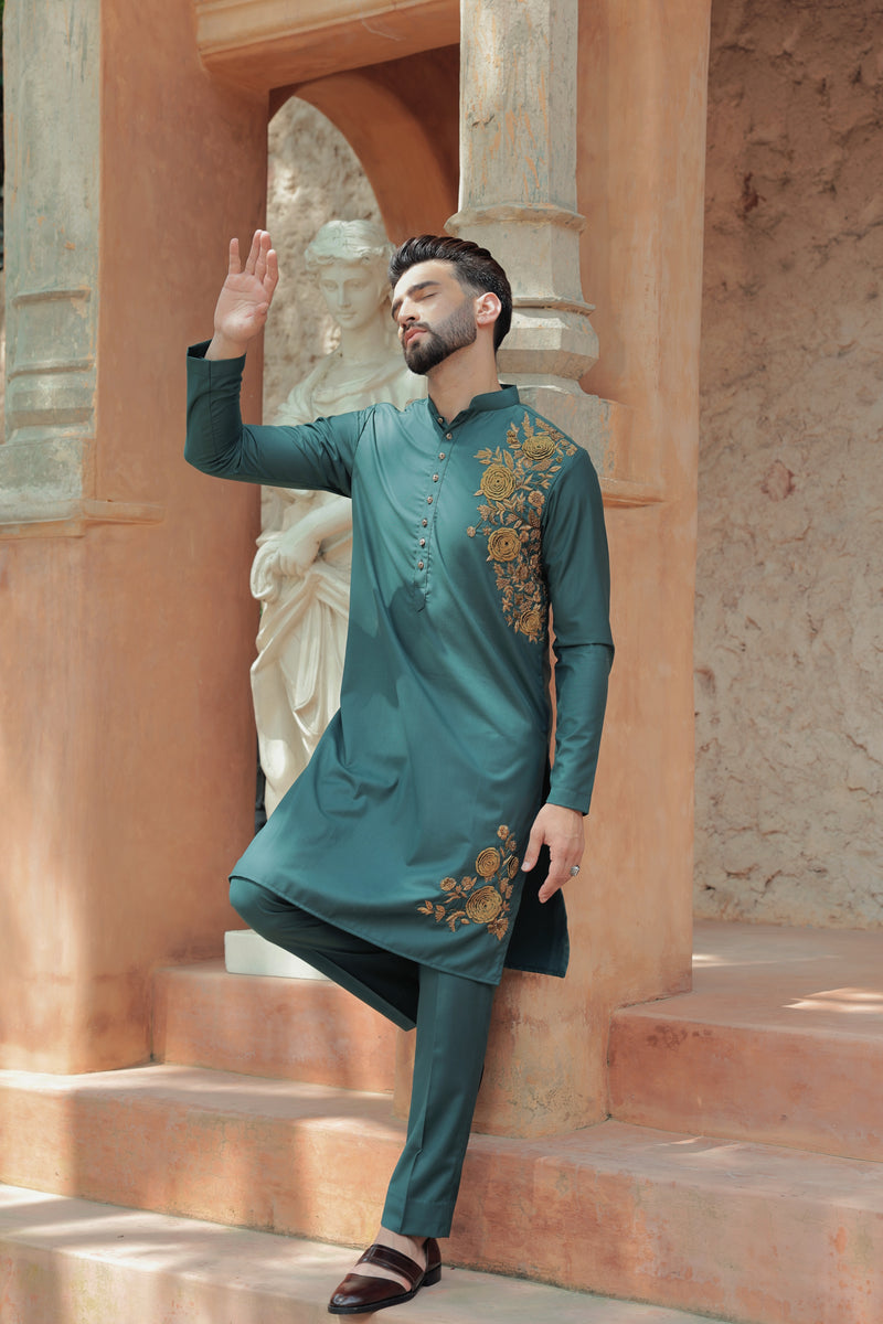 Forest Green Kurta with Antique Gold 3D Embroidery