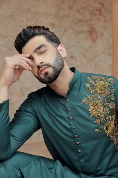 Rangrez "Van Suvarna" Forest Green Antique Gold 3D Kurta Set