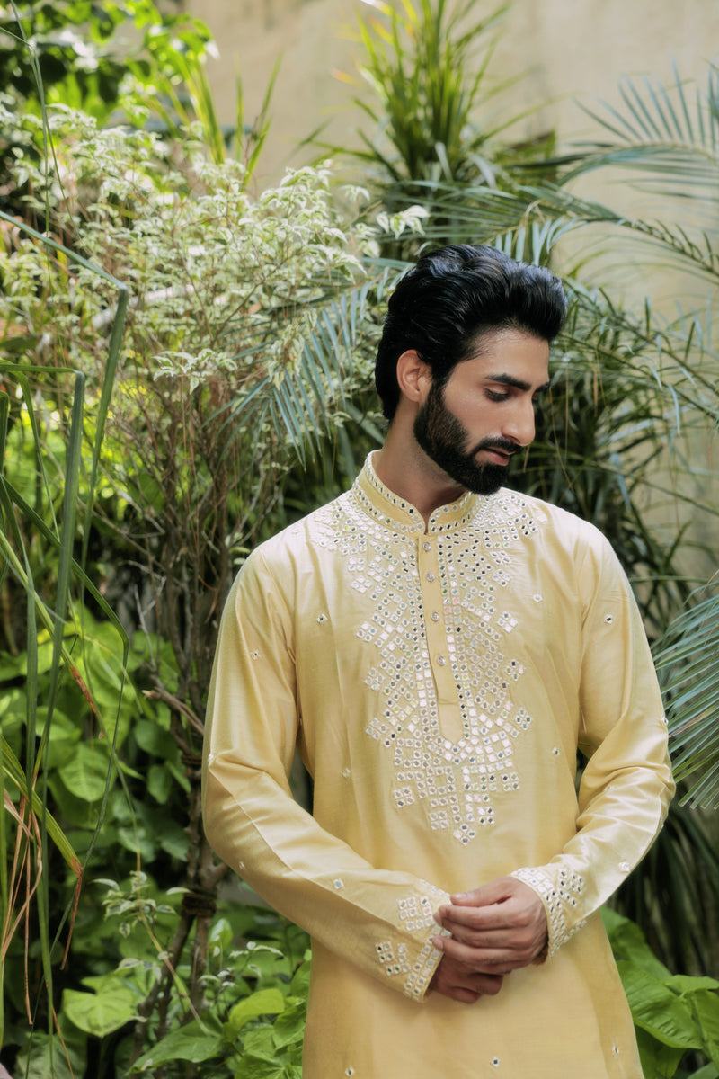 Lemon Yellow Kurta with Mirror Embroidery