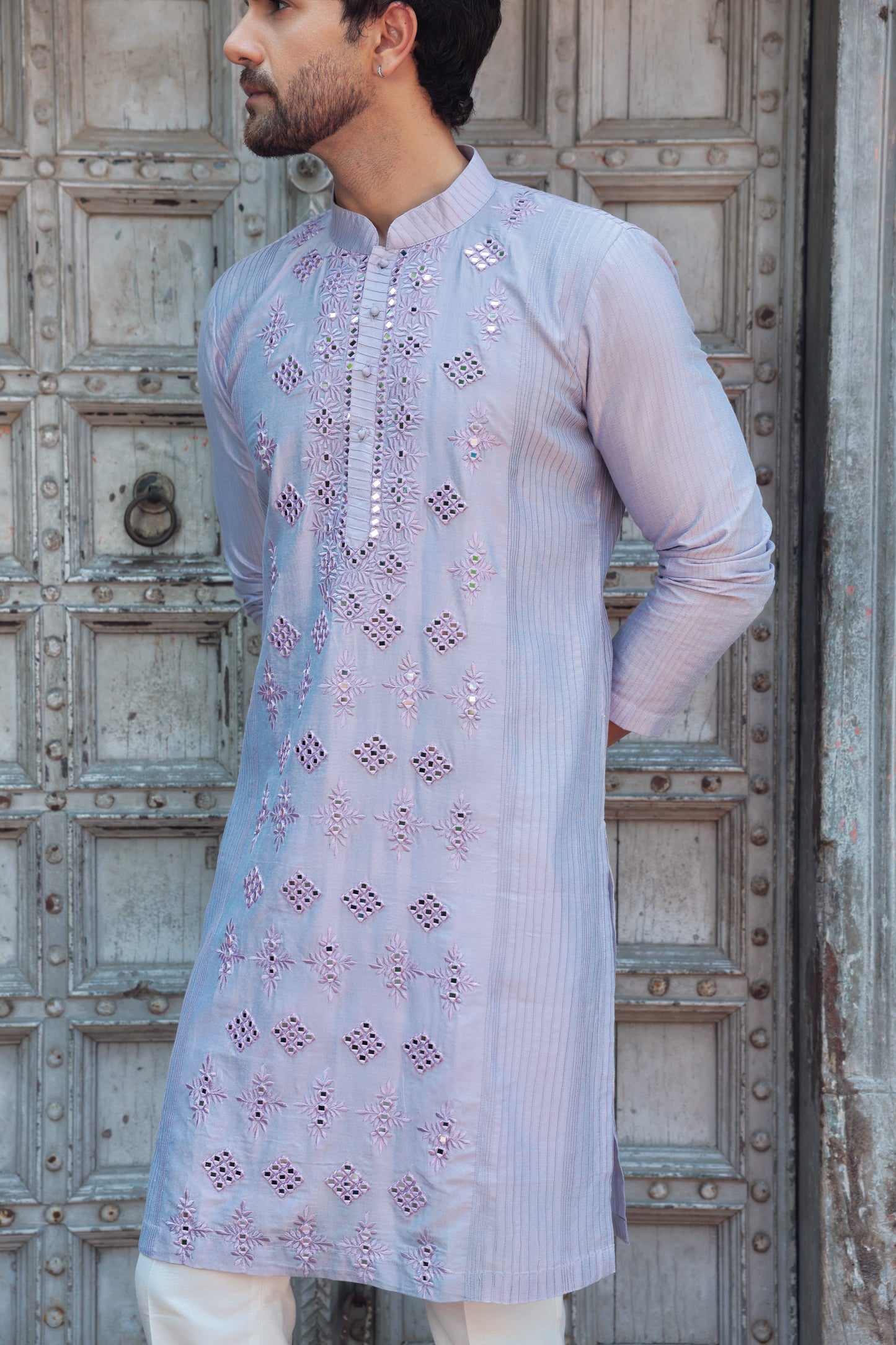 Lavender kurta with mirror thread embroidery festive | Bhavya Bhasin Couture