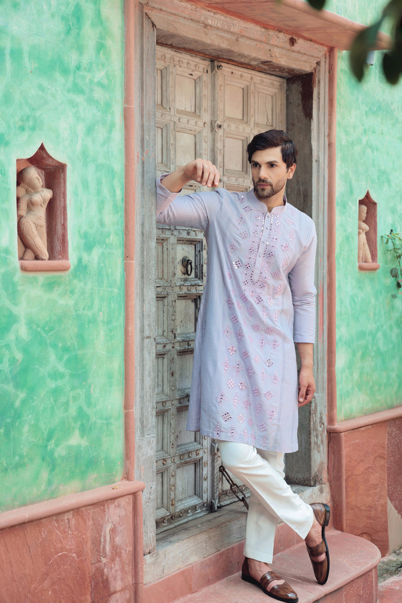 Lavender Kurta with Mirror and Thread Embroidery