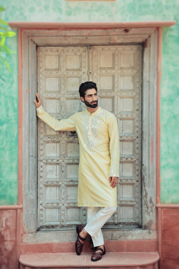 Lemon Yellow Kurta with Mirror Embroidery