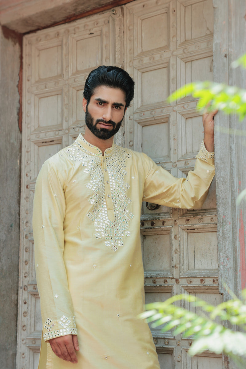 Lemon Yellow Kurta with Mirror Embroidery