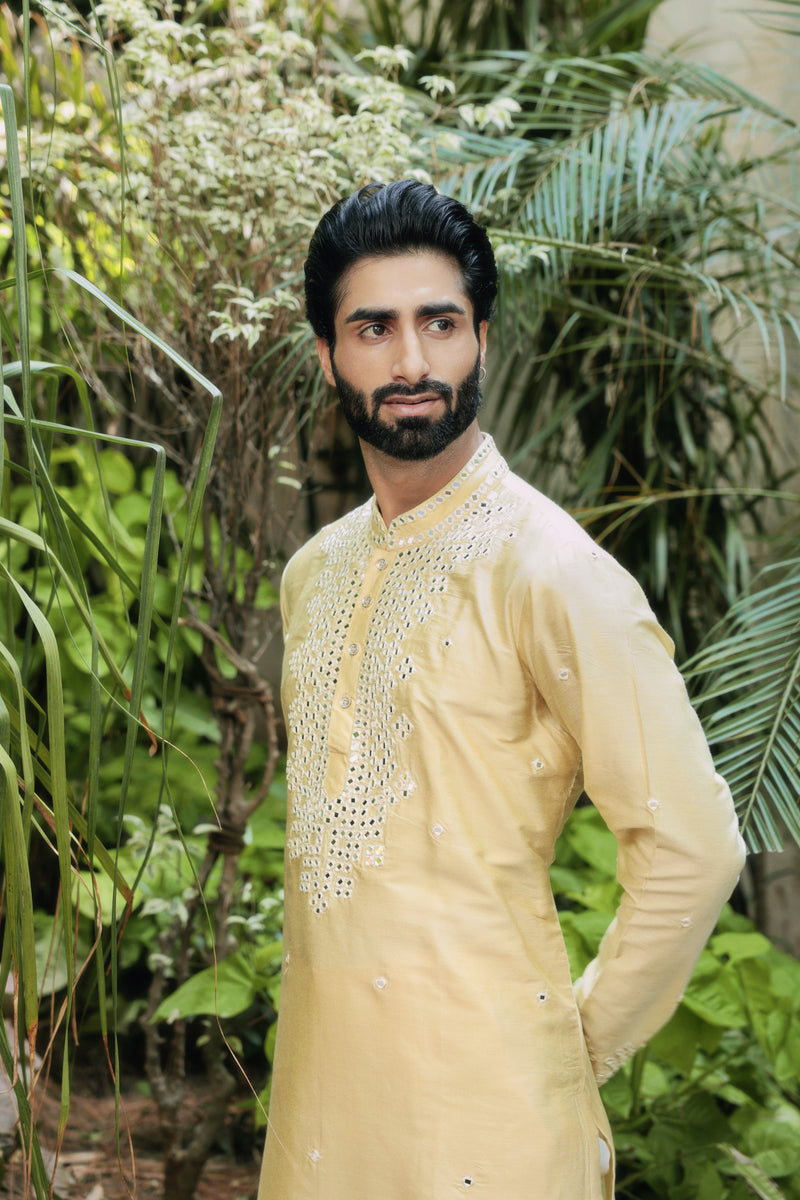 Lemon Yellow Kurta with Mirror Embroidery