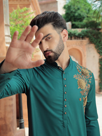 Rangrez "Van Suvarna" Forest Green Antique Gold 3D Kurta Set