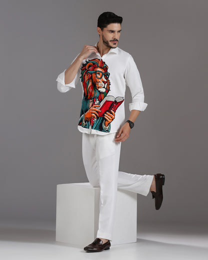 Scholar Lion white artisan print co-ord set | Bhavya Bhasin Couture