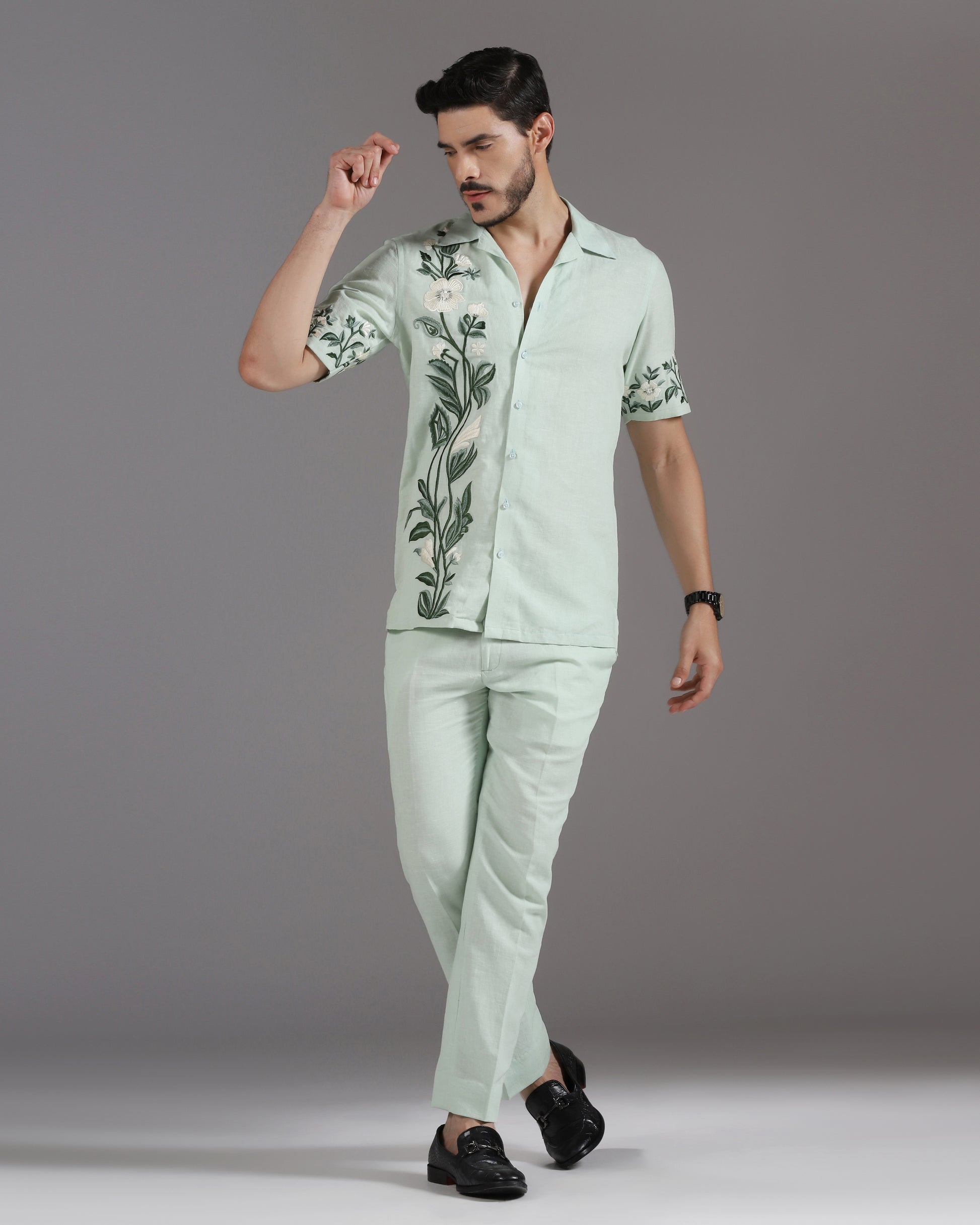 Botanical Breeze mint tonal embroidered cotton linen co-ord | Bhavya Bhasin Couture
