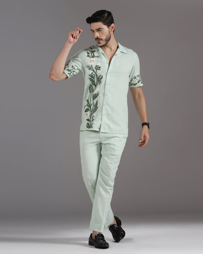 Botanical Breeze mint tonal embroidered cotton linen co-ord | Bhavya Bhasin Couture