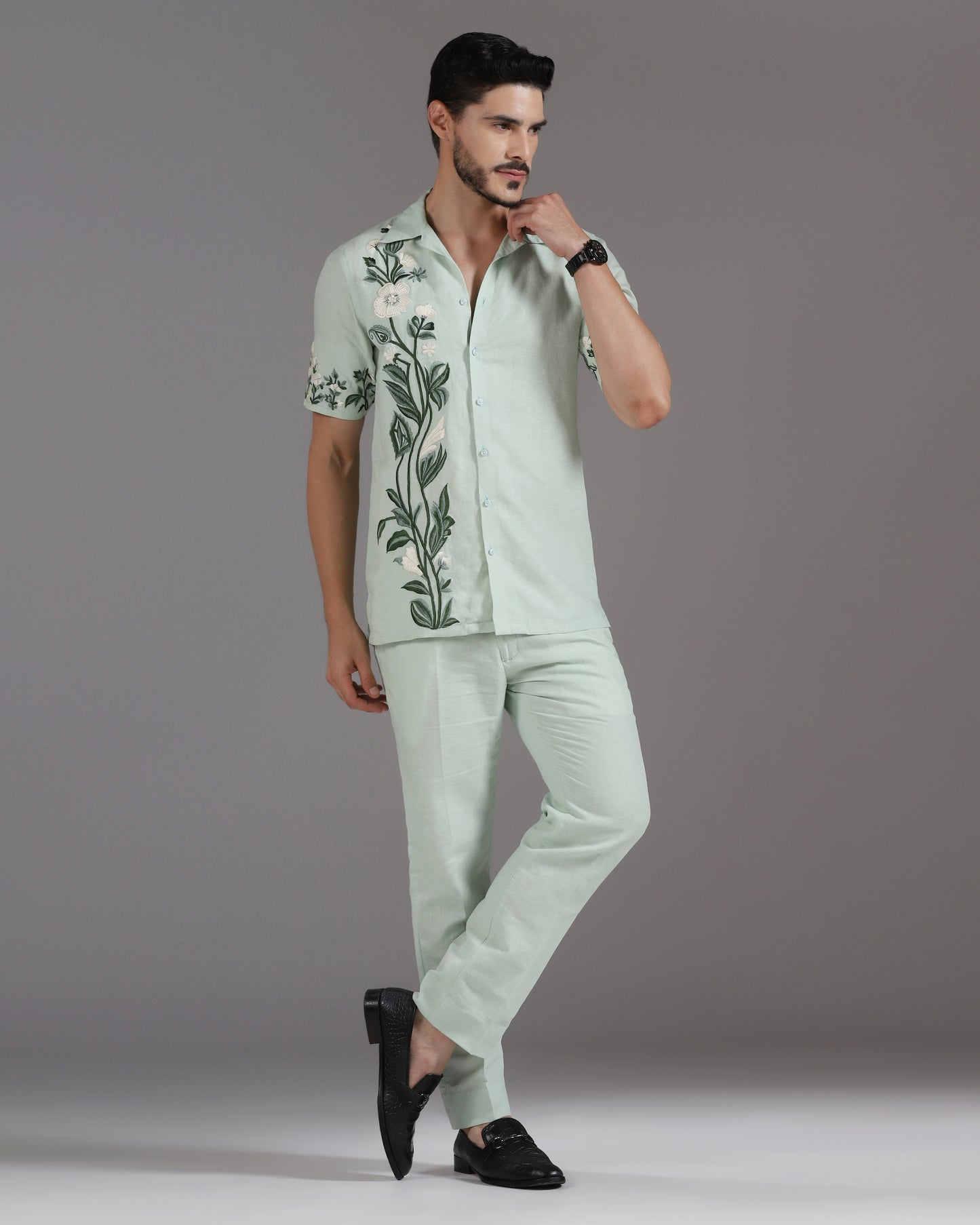 Bhavya Bhasin "Botanical Breeze" Tonal Embroidered Mint Cotton Linen Co-ord Set