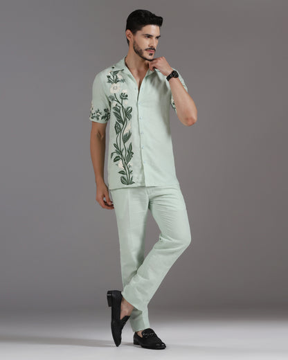 Bhavya Bhasin "Botanical Breeze" Tonal Embroidered Mint Cotton Linen Co-ord Set