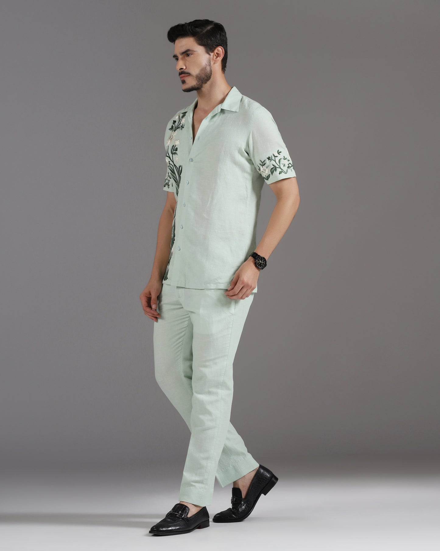 Bhavya Bhasin "Botanical Breeze" Tonal Embroidered Mint Cotton Linen Co-ord Set