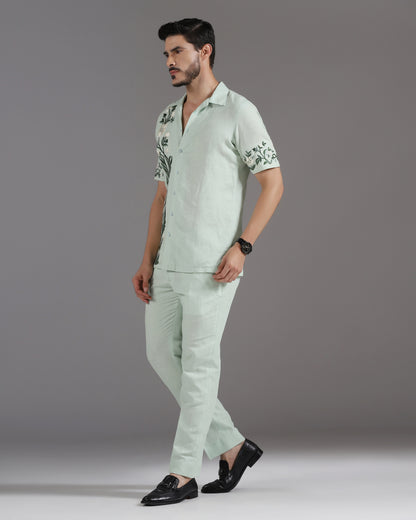 Bhavya Bhasin "Botanical Breeze" Tonal Embroidered Mint Cotton Linen Co-ord Set