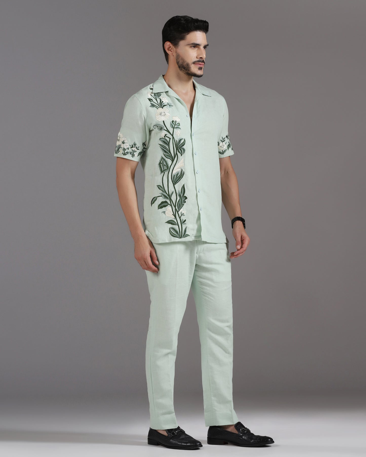 Bhavya Bhasin "Botanical Breeze" Tonal Embroidered Mint Cotton Linen Co-ord Set