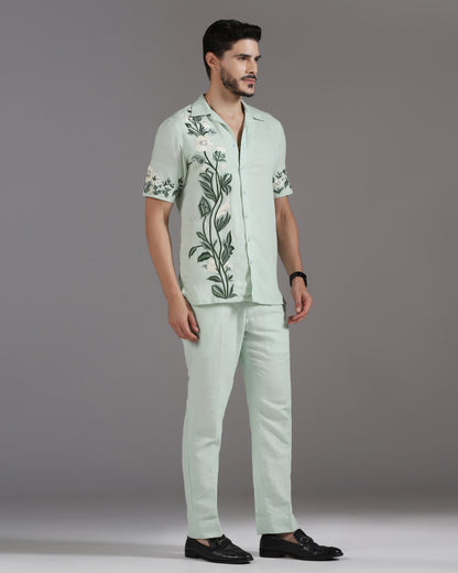 Bhavya Bhasin "Botanical Breeze" Tonal Embroidered Mint Cotton Linen Co-ord Set