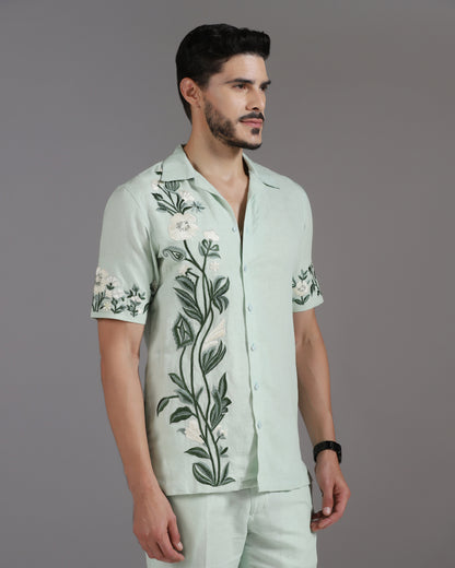 Bhavya Bhasin "Botanical Breeze" Tonal Embroidered Mint Cotton Linen Co-ord Set