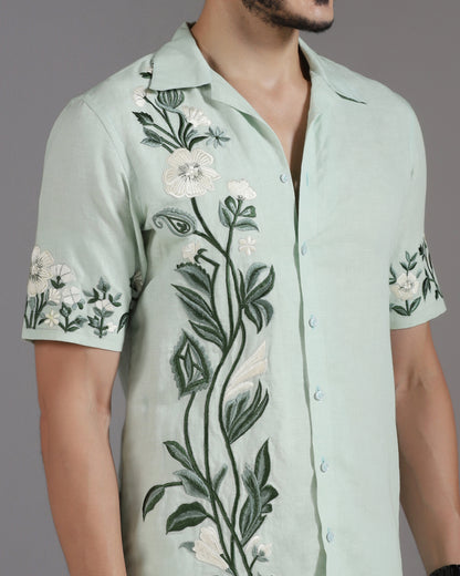 Bhavya Bhasin "Botanical Breeze" Tonal Embroidered Mint Cotton Linen Co-ord Set