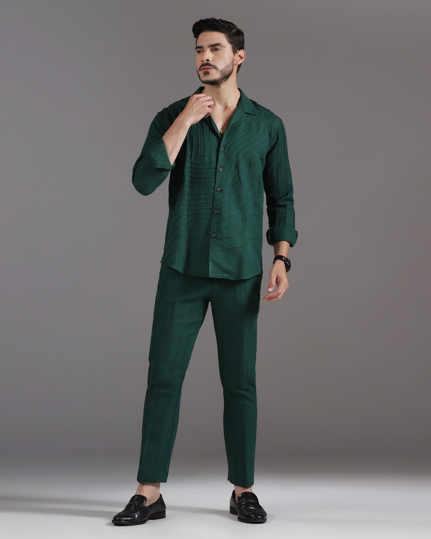Forest Flow deep green pintuck cotton linen co-ord set | Bhavya Bhasin Couture