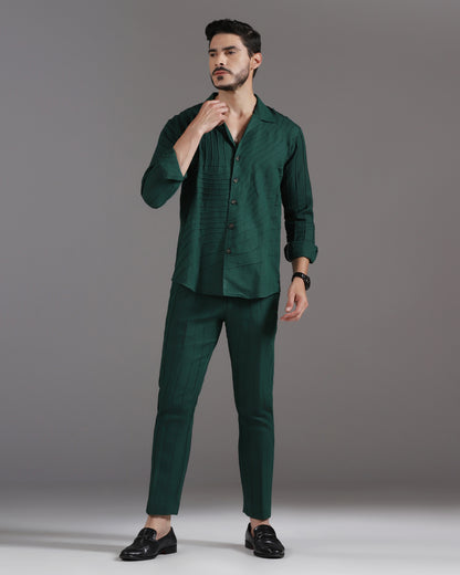 Forest Flow deep green pintuck cotton linen co-ord set | Bhavya Bhasin Couture