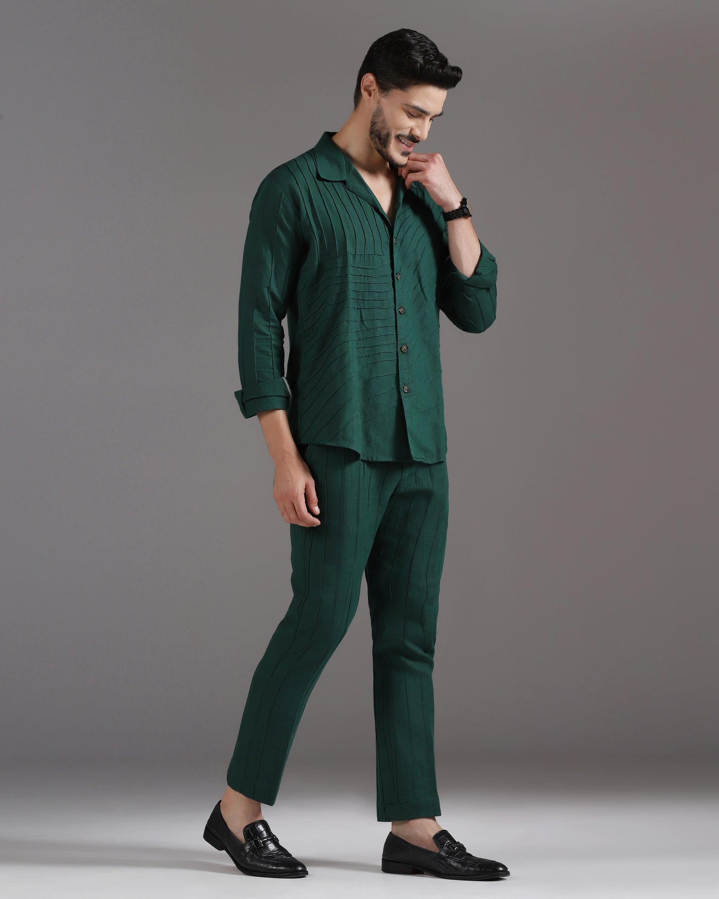 Bhavya Bhasin "Forest Flow" Pintuck Deep Green Cotton Linen Co-ord Set