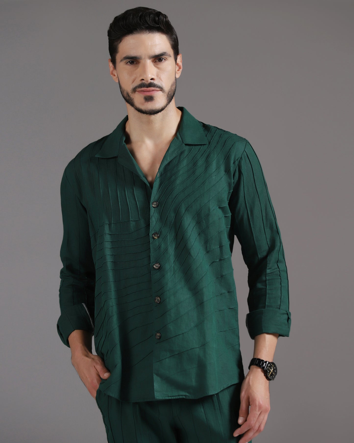 Bhavya Bhasin "Forest Flow" Pintuck Deep Green Cotton Linen Co-ord Set
