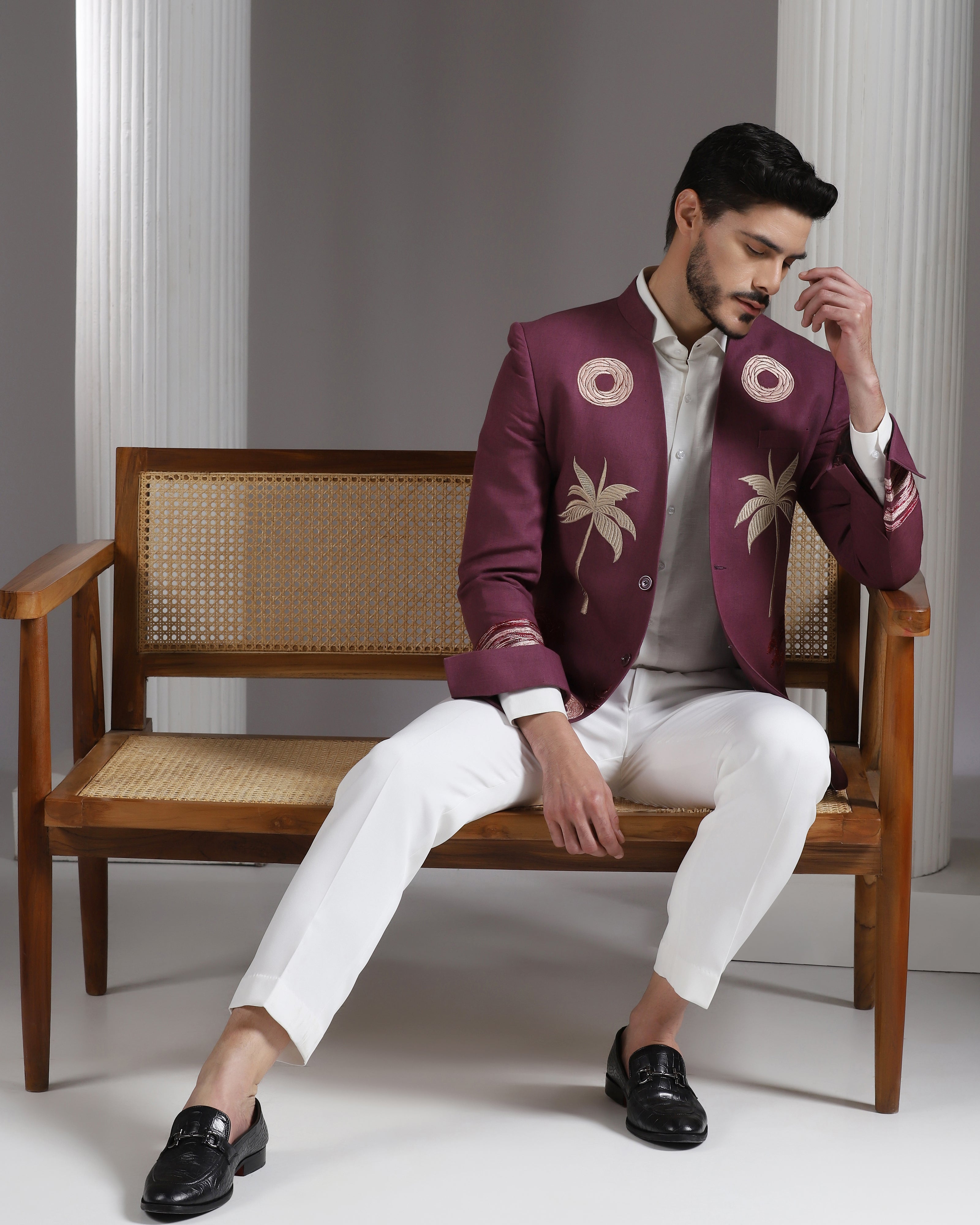 Wine Embroidered Cotton-Linen Blazer with Ivory Trousers