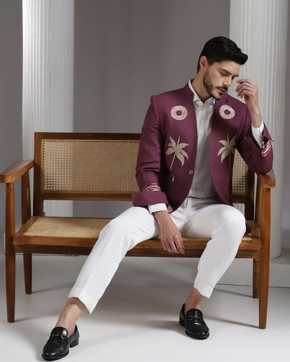 Wine embroidered cotton linen blazer with ivory trousers | Bhavya Bhasin Couture