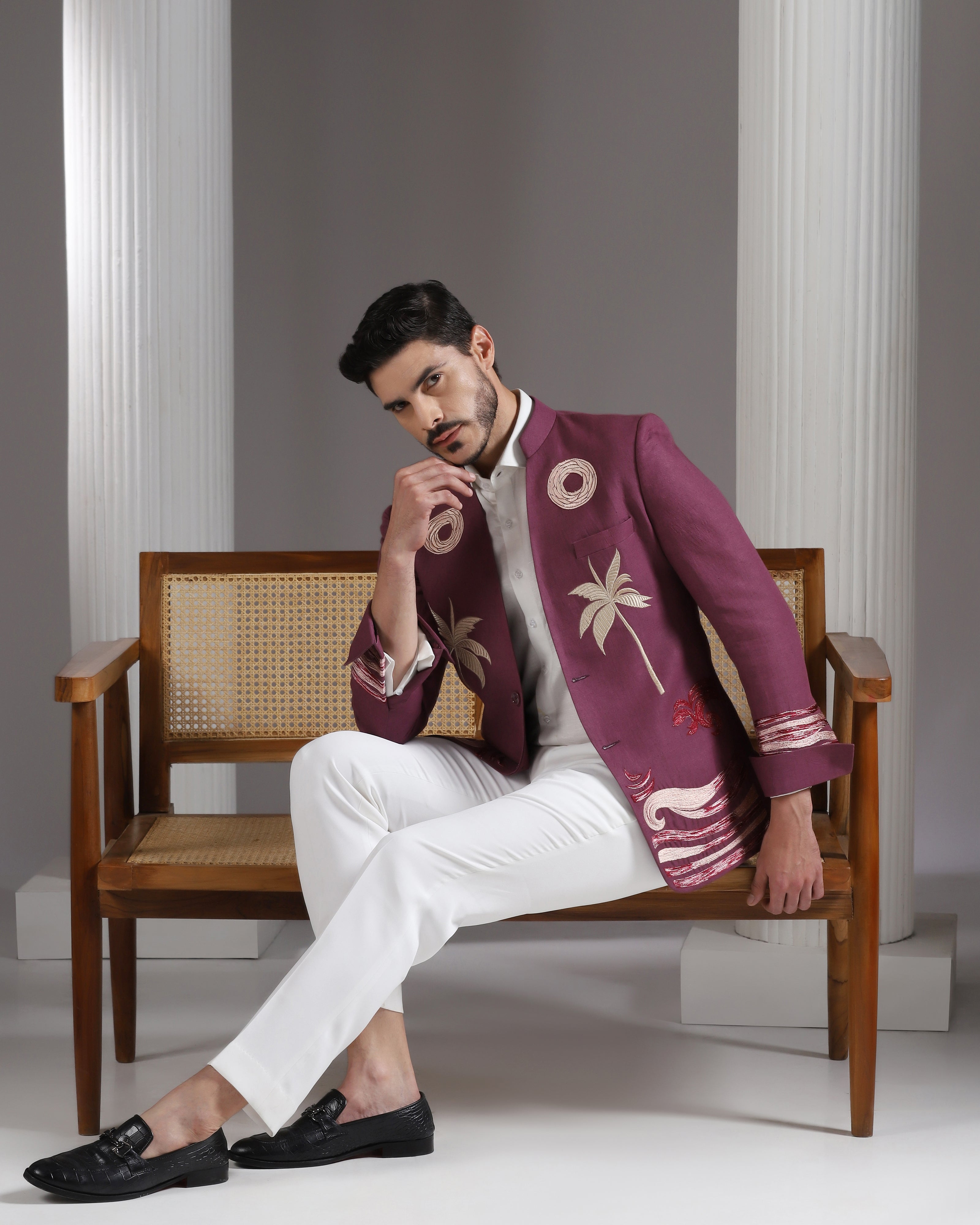 Wine Embroidered Cotton-Linen Blazer with Ivory Trousers