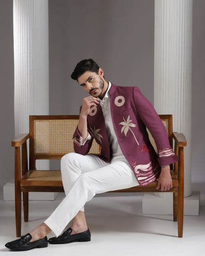 Wine Embroidered Cotton-Linen Blazer with Ivory Trousers