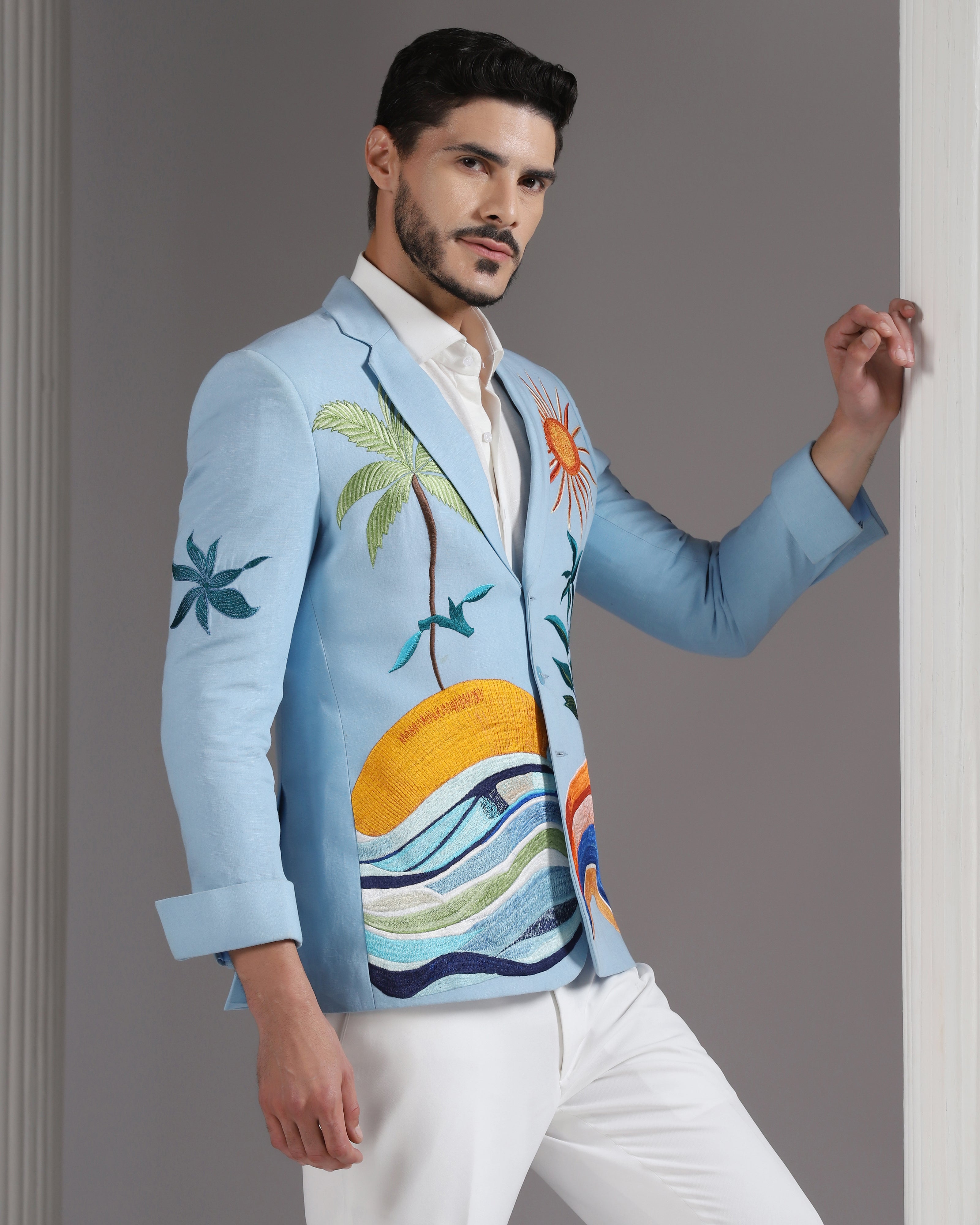 Sky Blue Tropical Landscape Blazer with Ivory Trousers