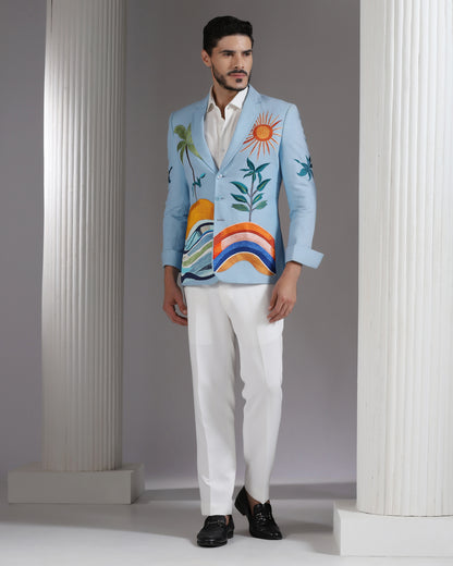Sky Blue Tropical Landscape Blazer with Ivory Trousers