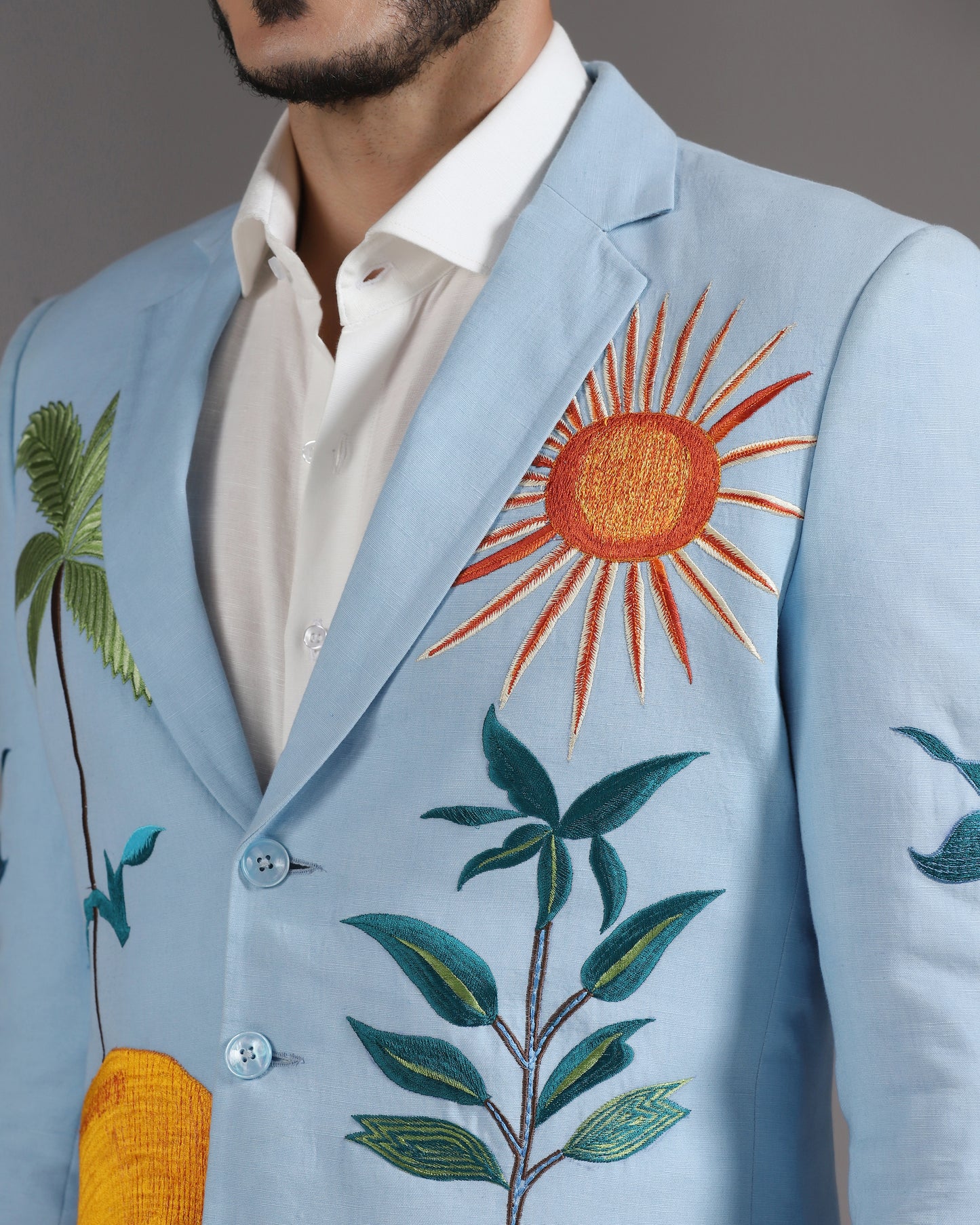 Sky Blue Tropical Landscape Blazer with Ivory Trousers