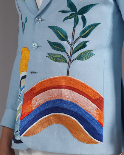 Sky Blue Tropical Landscape Blazer with Ivory Trousers