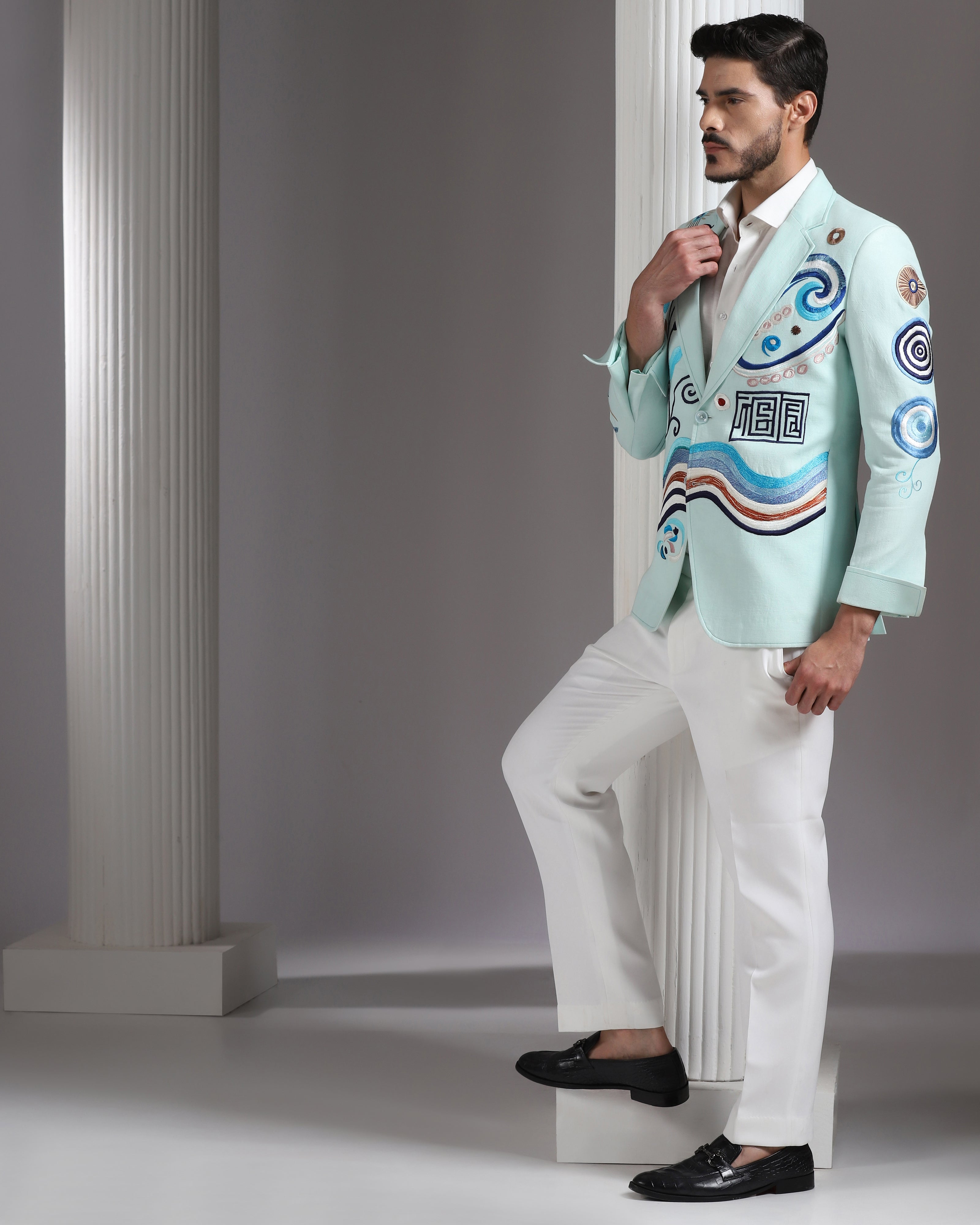 Mint Green Abstract Embroidered Blazer with Ivory Trousers