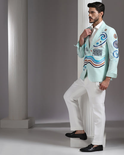 Mint green abstract embroidered blazer with ivory trousers | Bhavya Bhasin Couture