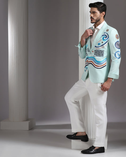 Mint green abstract embroidered blazer with ivory trousers | Bhavya Bhasin Couture