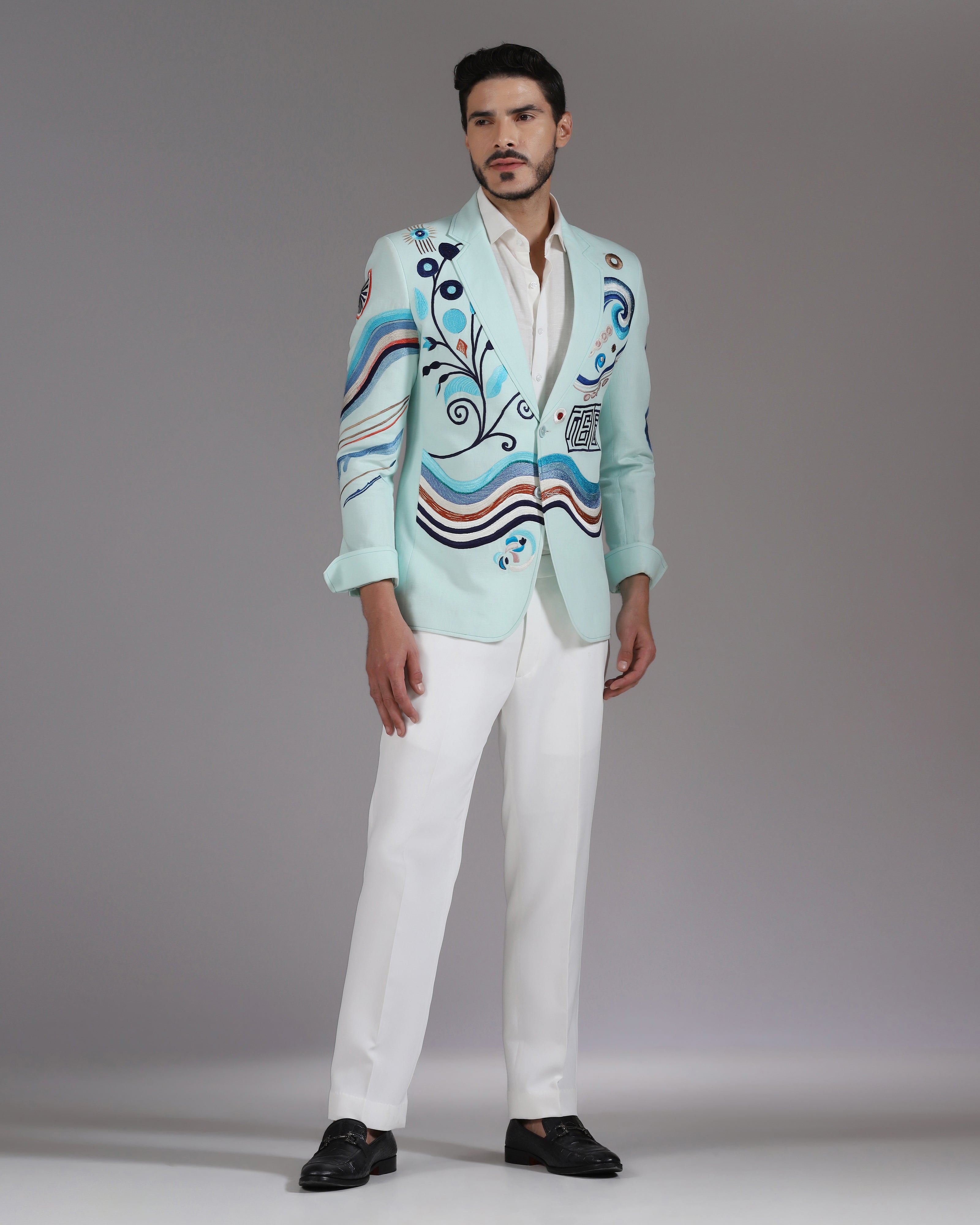 Mint Green Abstract Embroidered Blazer with Ivory Trousers
