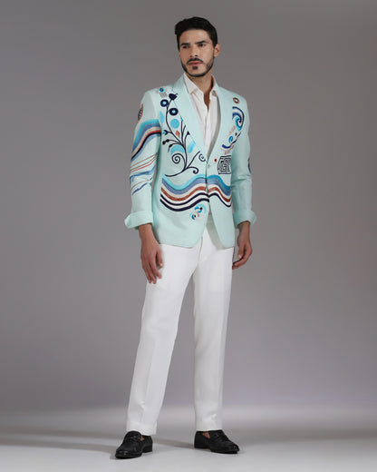 Mint Green Abstract Embroidered Blazer with Ivory Trousers