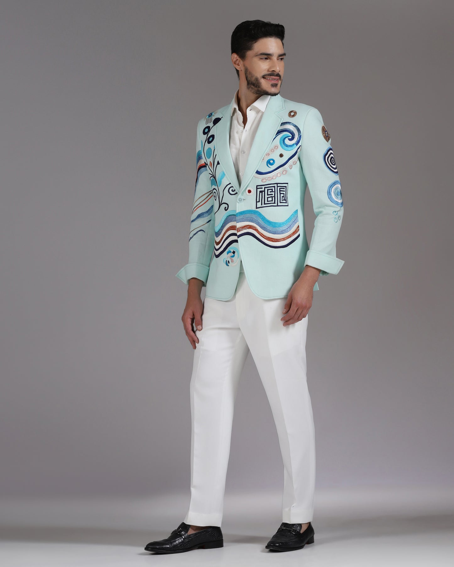 Mint Green Abstract Embroidered Blazer with Ivory Trousers