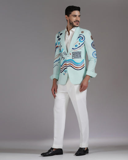 Mint Green Abstract Embroidered Blazer with Ivory Trousers
