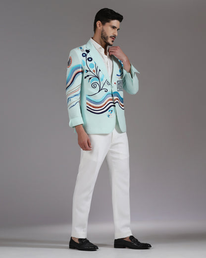 Mint Green Abstract Embroidered Blazer with Ivory Trousers